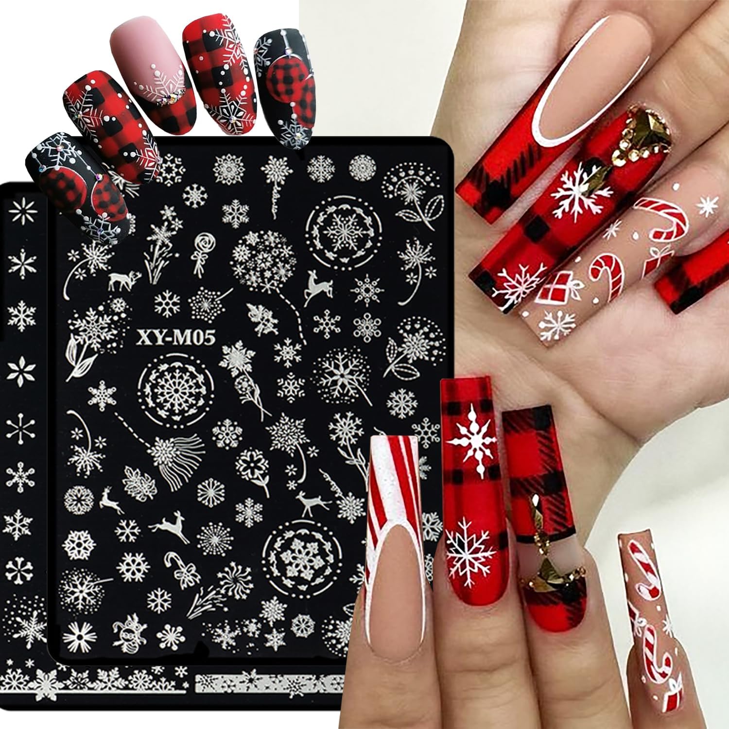 6Pcs Christmas Stamping Plates Set Winter Nail Stamp Kit Xmas Art Image Plates With Snowflakes Tree Bell Snowman Elk Designs DIY Stainless Steel Polish Template-Velvo Beauty