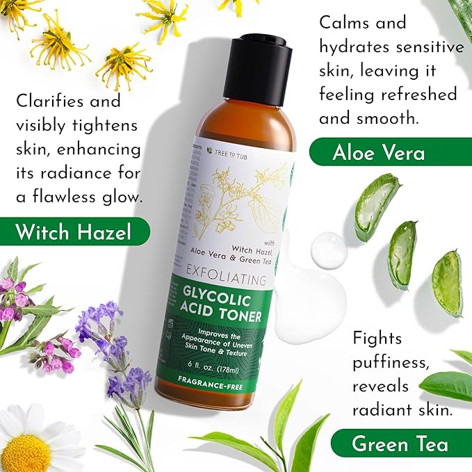 Tree To Tub Glycolic Acid Toner for Face w/Witch Hazel & Hydrating Aloe Vera for Smooth Skin - Minimizes Appearance of Fine Lines & Brightens - Vegan Exfoliating Toner for Women & Men-Velvo Beauty