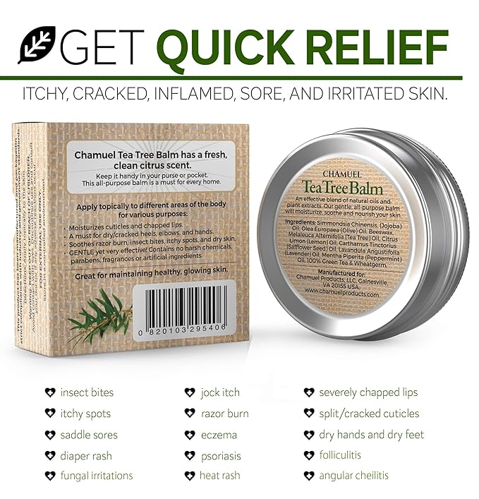 Tea Tree Oil Balm -100% All Natural | Great Cream for Soothing Irritations like Rashes, Insect Bites, Folliculitis, Acne, Itches, Dry Heels, Cuticles, Saddle Sores and more!-Velvo Beauty