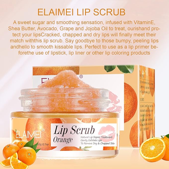 Lip Scrub, Lip Scrubs Exfoliator & Moisturizer, Lip Repair for Lush Soft Lips, Lip Moisturizer for Chapped Dry and Flaky Lips Treatment, Lip Scrubs (Orange)-Velvo Beauty