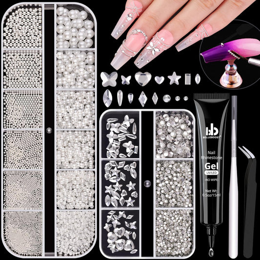 Flatback Pearls (White) and Metal Nail Beads and Glass Rhinestones with Rhinestones Glue Gel for Nail Art, Pearl Nail Charms and Round Caviar Beads Multi Shapes Crystals Gems for Manicure Decor-Velvo Beauty