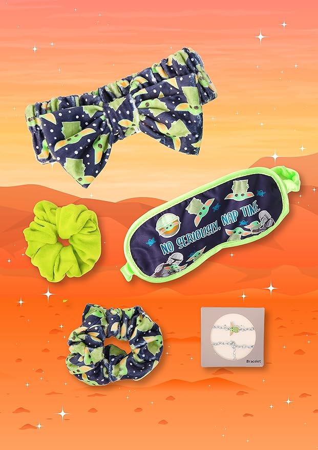 Disney Stars Wars The Mandalorian Gift Set Featuring Grogu - Girls Spa Set includes Pouch, Sleep Mask, Hair Scrunchies, Spa Headband, and Bracelet - Star Wars Gifts-Velvo Beauty