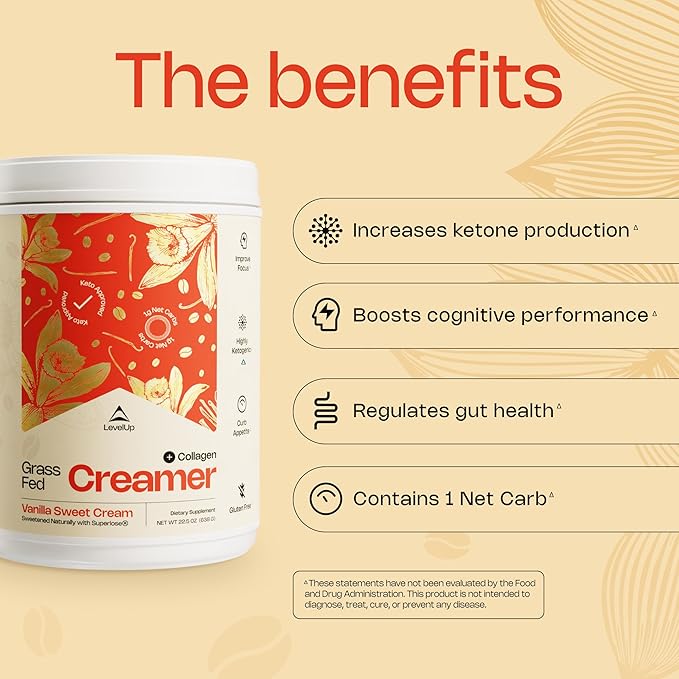 LevelUp Creamer, with Energizing MCT Oil and Collagen Peptides, Keto Coffee Creamer, Supports Natural Energy & Ketone Production - Vanilla Sweet Cream, 22.5 oz-Velvo Beauty