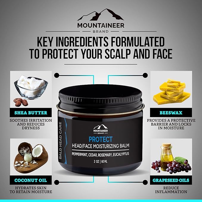 Mountaineer Brand Bald Head Care For Men | Protect Moisturizing and Post-Shave Healing Balm | Non-Greasy Scalp and Face Matte Moisturizer Lotion | Natural Botanical Blend | 2 pack 2oz-Velvo Beauty