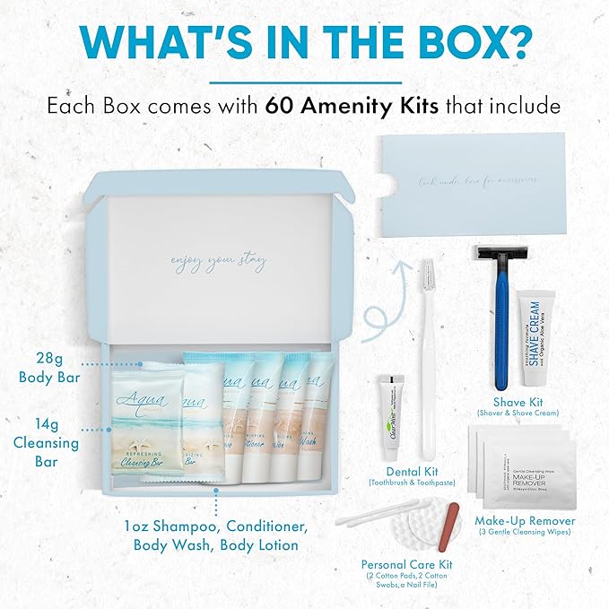 Aqua Organics Amenity & Accessory Kit|1oz Travel Size Shampoo,Conditioner,Lotion,Body Wash,Body Bar, Cleansing Bar, Shave & Dental Sets, Make-Up Remover Wipes & Vanity Kit|60 sets-Velvo Beauty