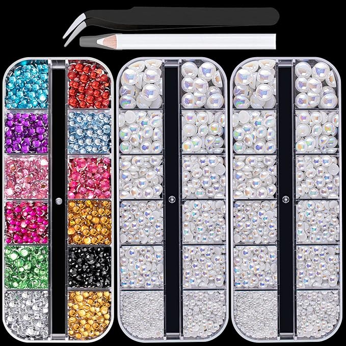 Flat Back Rhinestone+Half Round Pearl Kits Colorful Rhinestones+White AB Pearls With Picker Pencil And Tweezer For Home DIY And Professional Use-Velvo Beauty