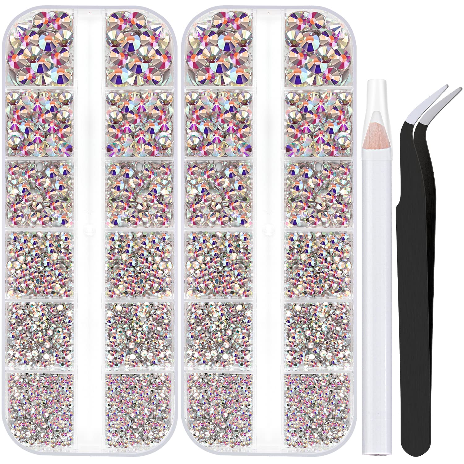 Two Packs of Flatback Rhinestones 4000 Pcs Nail Art Rhinestones Flatback Crystal AB Rhinestone with Picker Pencil and Tweezer for Nail Art and Decoration-Velvo Beauty