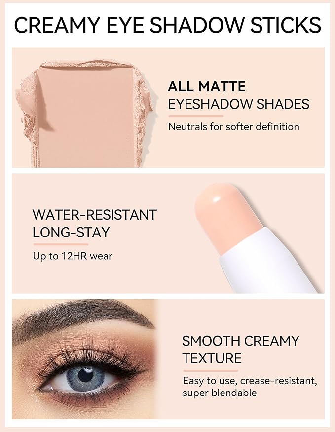 Erinde Waterproof Cream Eyeshadow Stick, Matte Nude Eye Shadow Sticks, Longwear Blendable High Pigmented, Neutral Eye Shadow Sticks Matte for Older Eyes, Smokey Eyeshadow Pencil Crayon, Nude beige-Velvo Beauty