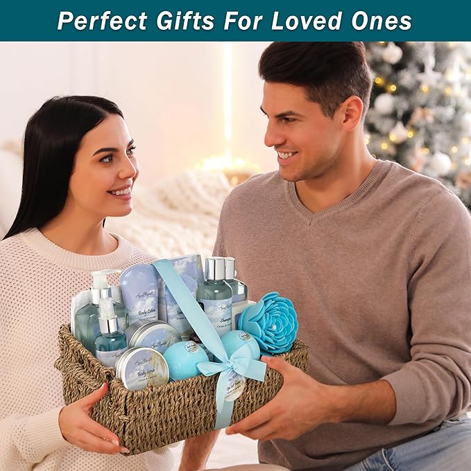 Bath Spa Gift Sets - Luxury Basket With Ocean & Coconut - Spa Kit Includes Wash, Bubble Bath, Lotion, Bath Salts, Body Scrub, Body Spray, Shower Puff, Bathbombs, Soap in Wooden Basket-Velvo Beauty