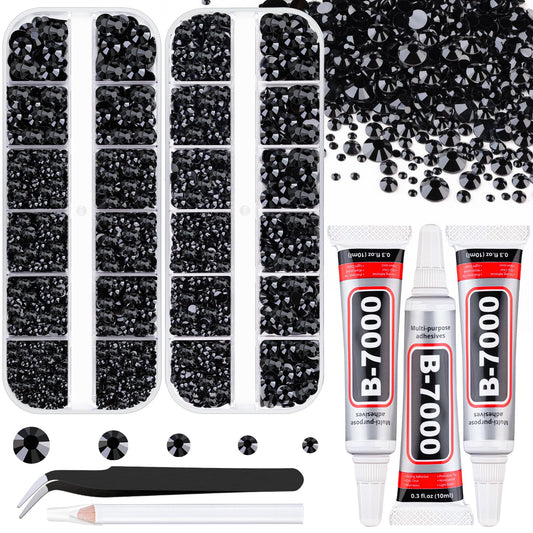 Resin Rhinestones for Crafting with B7000 Jewelry Glue, 2 Boxes Black Flatback Crystals with 3Pcs 10ml Glue for Bedazzling Crafts DIY Nail Art Makeup，Non Hotfix Gems for Clothing Shoes-Velvo Beauty