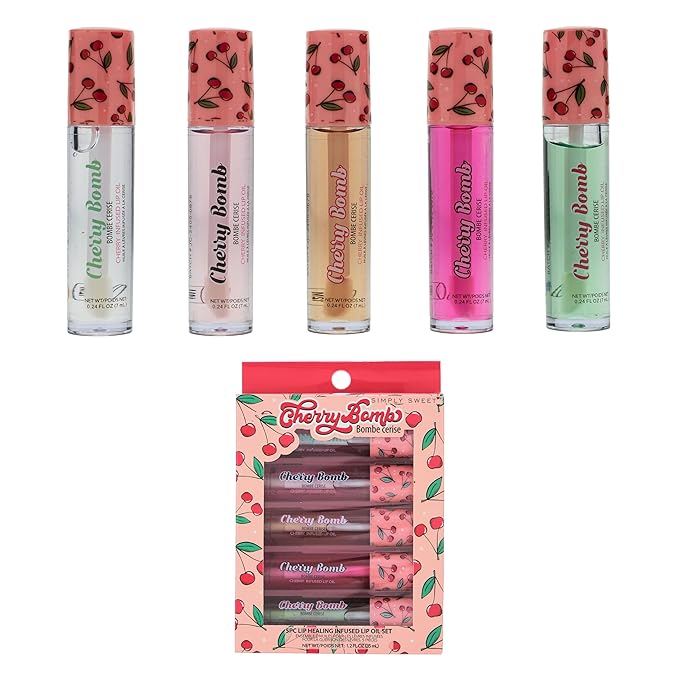 Expressions 5pc Lip Oil Set - Cherry Bomb Lip Oils, Lip Healing Cherry Infused Lip Oil Collection with Precision Applicator Wand Everyday Lip Care and Lip Repair (CHERRY BOMB)-Velvo Beauty