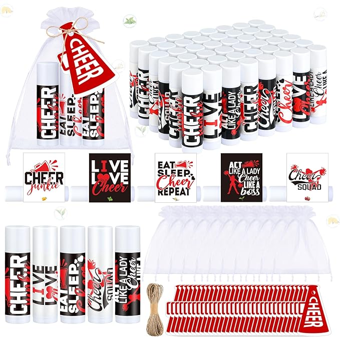 50 Sets Cheer Gifts Bulk 50 Cheer Lip Balm Bulk Moisturizing with 50 Organza Drawstring Gift Bags 50 Tags Cheerleader Gifts Cheer Gifts Bulk for Team (Red)-Velvo Beauty
