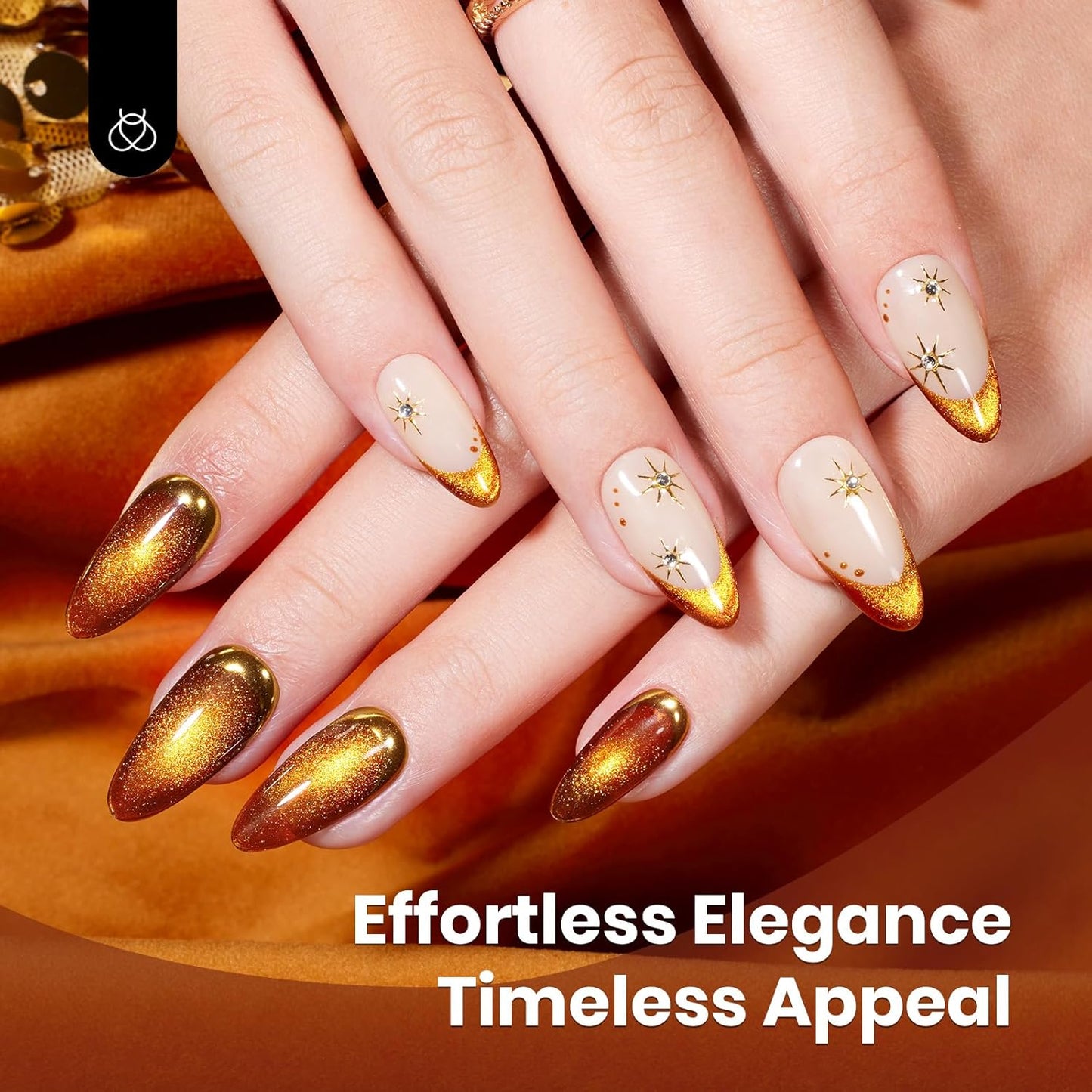 Beetles Brown Cat Eye Gel Nail Polish - Amber Glint Cat Eye Gel Polish, 15ML Fall Brown Gold Powder Magnetic Glitter Gel Polish Soak Off UV French Nail Art Salon DIY Manicure Gift for Women-Velvo Beauty