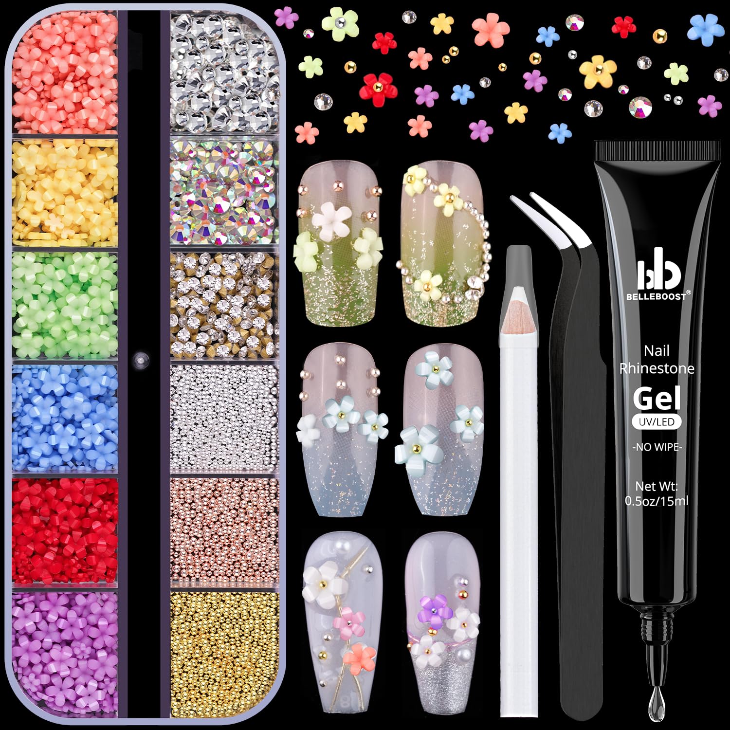 3D Flowers Manicure Gems with Nail Rhinestone Glue Gel, Colorful Acrylic Flower Nail Charms with Caviar Beads, Rhinestones and Gem Glue for Nails (UV/LED Needed) with Pickup & Dotting Tools-Velvo Beauty