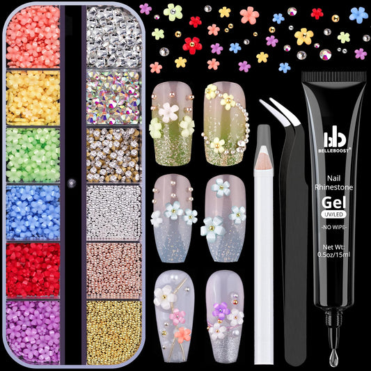 3D Flowers Manicure Gems with Nail Rhinestone Glue Gel, Colorful Acrylic Flower Nail Charms with Caviar Beads, Rhinestones and Gem Glue for Nails (UV/LED Needed) with Pickup & Dotting Tools-Velvo Beauty