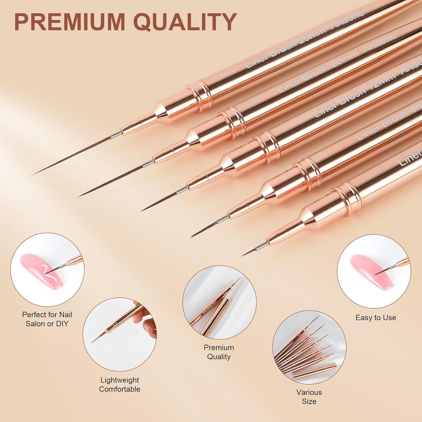 Artdone Metallic Nail Art Pens, Liner Brushes Set, 5PCS Copper Color Nail Tools For Long Lines, Thin Details, Fine Drawing, Liner Brush UV Gel Polish Painting Nail Design Sizes 5/8/12/20/25mm-Velvo Beauty