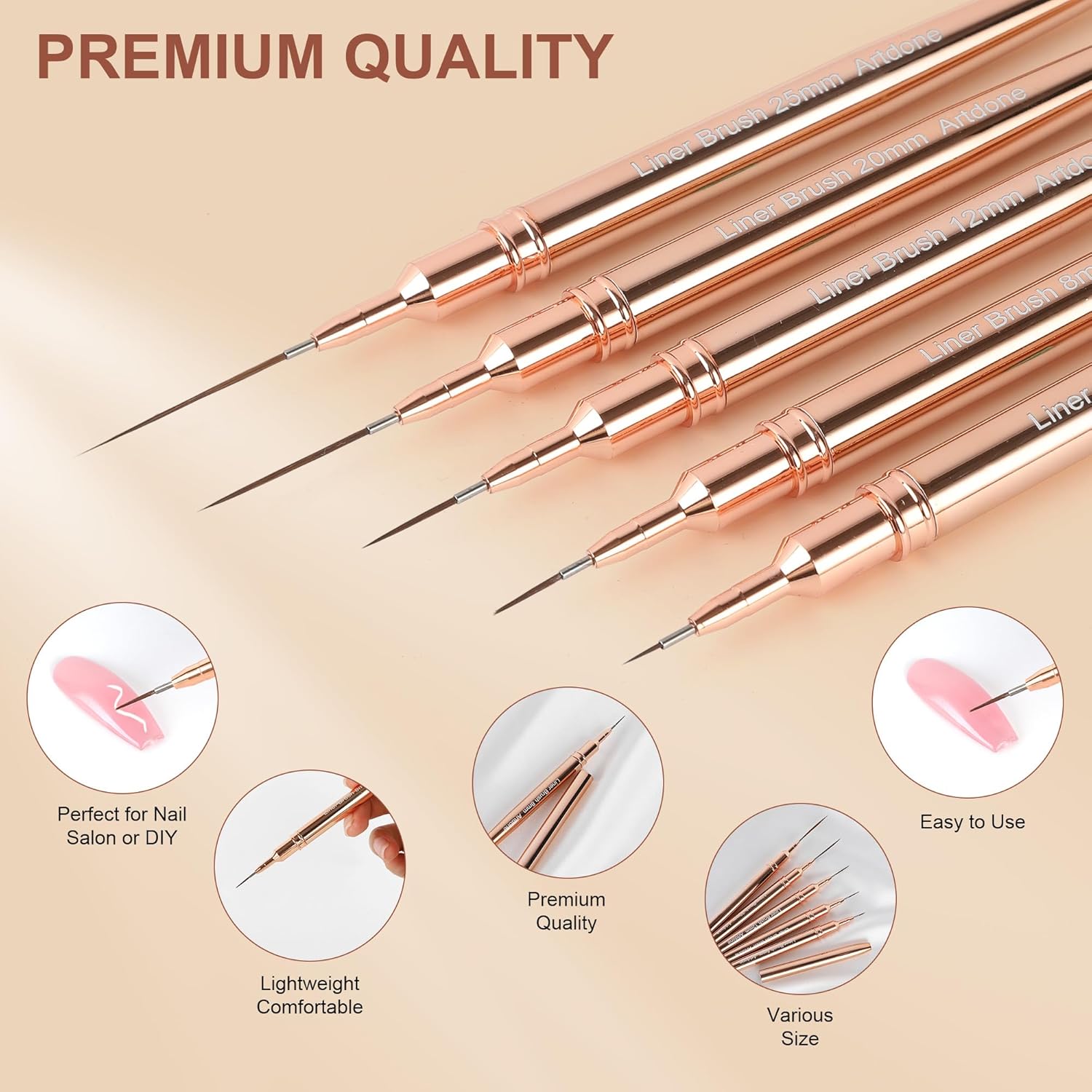 Artdone Metallic Nail Art Pens, Liner Brushes Set, 5PCS Copper Color Nail Tools For Long Lines, Thin Details, Fine Drawing, Liner Brush UV Gel Polish Painting Nail Design Sizes 5/8/12/20/25mm-Velvo Beauty