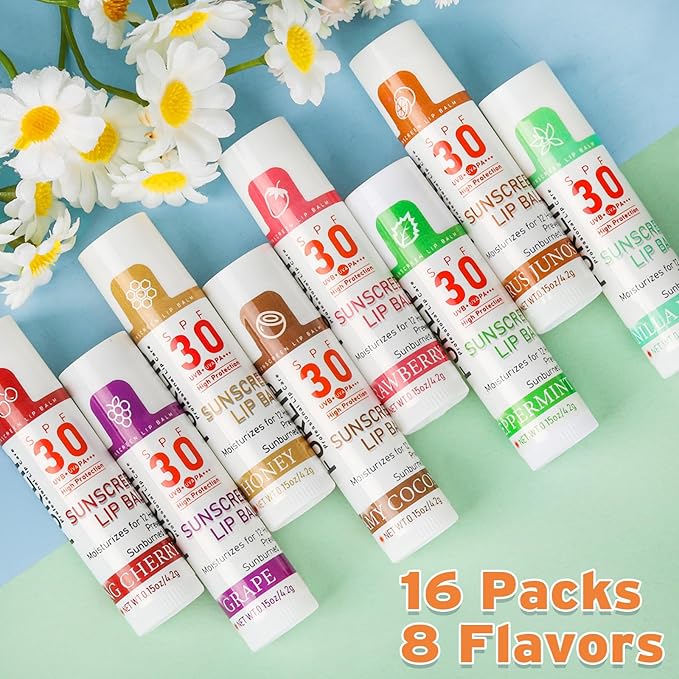 SPF 30 Lip Balm with Sunscreen, SPF Lip Balm Bulk Travel Size-16 Pack, Hydrating Lip Balm Pack with Vitamin E and Coconut Oil- 8 Flavors-Velvo Beauty