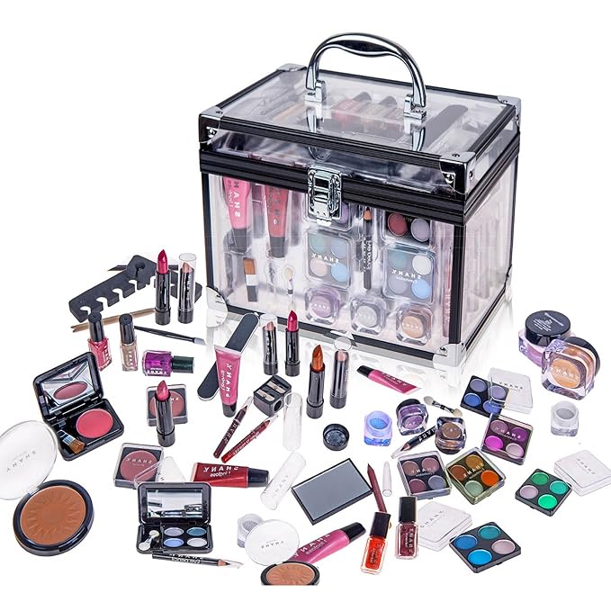 SHANY Carry All Trunk Makeup Train Case with Re-usable Aluminum Makeup Storage Case. Non Toxic Color Make up Set with Eye palettes, Blushes,Makeup Powders, Manicure, Pedicure and Makeup Brushes.-Velvo Beauty