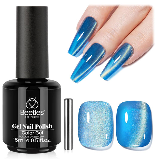 Beetles Blue Cat Eye Gel Nail Polish - 15ML Blue Glass Cat Eye Glitter Magnetic Gel Polish Shimmer Soak Off UV Stellar Whisper Collection Nail Art Design Manicure Gifts for Women-Velvo Beauty
