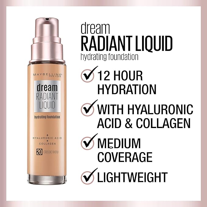 Maybelline Dream Radiant Liquid Medium Coverage Hydrating Makeup, Lightweight Liquid Foundation, Caramel, 1 Fl; Oz-Velvo Beauty
