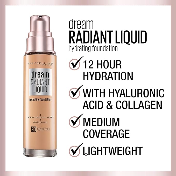 Maybelline Dream Radiant Liquid Medium Coverage Hydrating Makeup, Lightweight Liquid Foundation, Coconut, 1 Count (Pack of 2)-Velvo Beauty