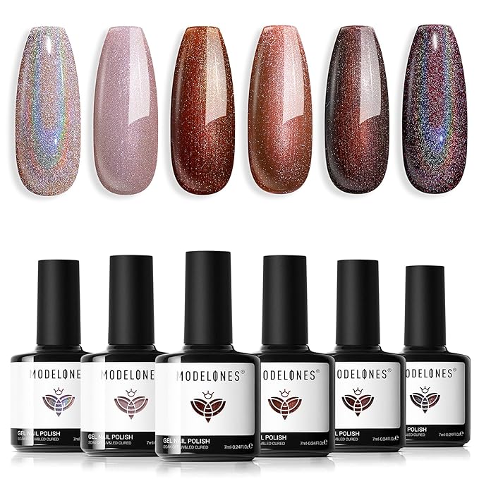 modelones Chameleon Gel Nail Polish Set, 6 Colors Fall Gel Polish Kit Nude Brown Glitter Shimmer Soak Off LED Nail Lamp Gel Nail Kit Home Gift DIY Salon For Women Girl-Velvo Beauty