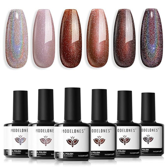 modelones Chameleon Gel Nail Polish Set, 6 Colors Fall Gel Polish Kit Nude Brown Glitter Shimmer Soak Off LED Nail Lamp Gel Nail Kit Home Gift DIY Salon For Women Girl-Velvo Beauty