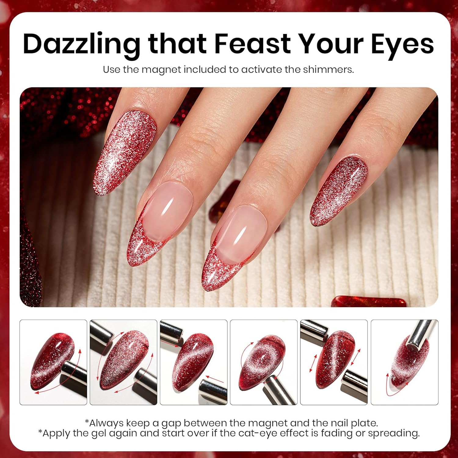 Beetles Red Cat Eye Gel Nail Polish, 15ml Glitter Nail Polish with Magnet Gel Soak Off UV LED Nail Lamp Reflective Nail Art DIY Home Manicure Design Gift for Women-Velvo Beauty