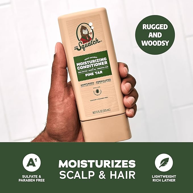 Dr. Squatch Natural Hair Bundle for Men - Healthy, Full Looking Hair - Pine Tar Shampoo (11 fl oz), Pine Tar Conditioner (11 fl oz)-Velvo Beauty