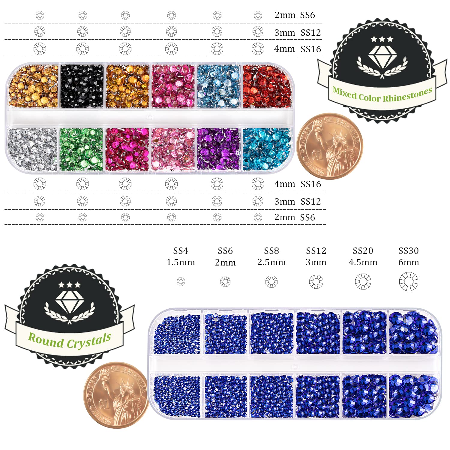 Two Packs of Flatback Rhinestones 4520 Pcs Colorful Nail Art Rhinestones Flatback Crystal Colorful+Royal Blue Rhinestone with Picker Pencil and Tweezer for Nail Art and Decoration-Velvo Beauty