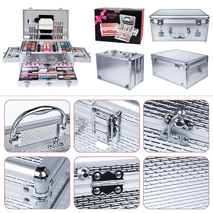 All-in-One Makeup Gift Set Carry All Makeup Kit for Women Full Kit With Aluminum Case Lipgloss Lipstick Concealer Blush Foundation Face Powder Eyeshadow Palette Cosmetic Palette #2-Velvo Beauty