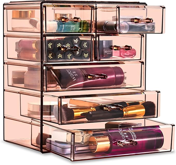 Sorbus Acrylic Clear Makeup Organizer - Big & Spacious Cosmetic Display Case - Stylish Designed Jewelry & Make Up Organizers and Storage for Vanity, Bathroom (4 Large, 2 Small Drawers) [Bronze Glow]-Velvo Beauty