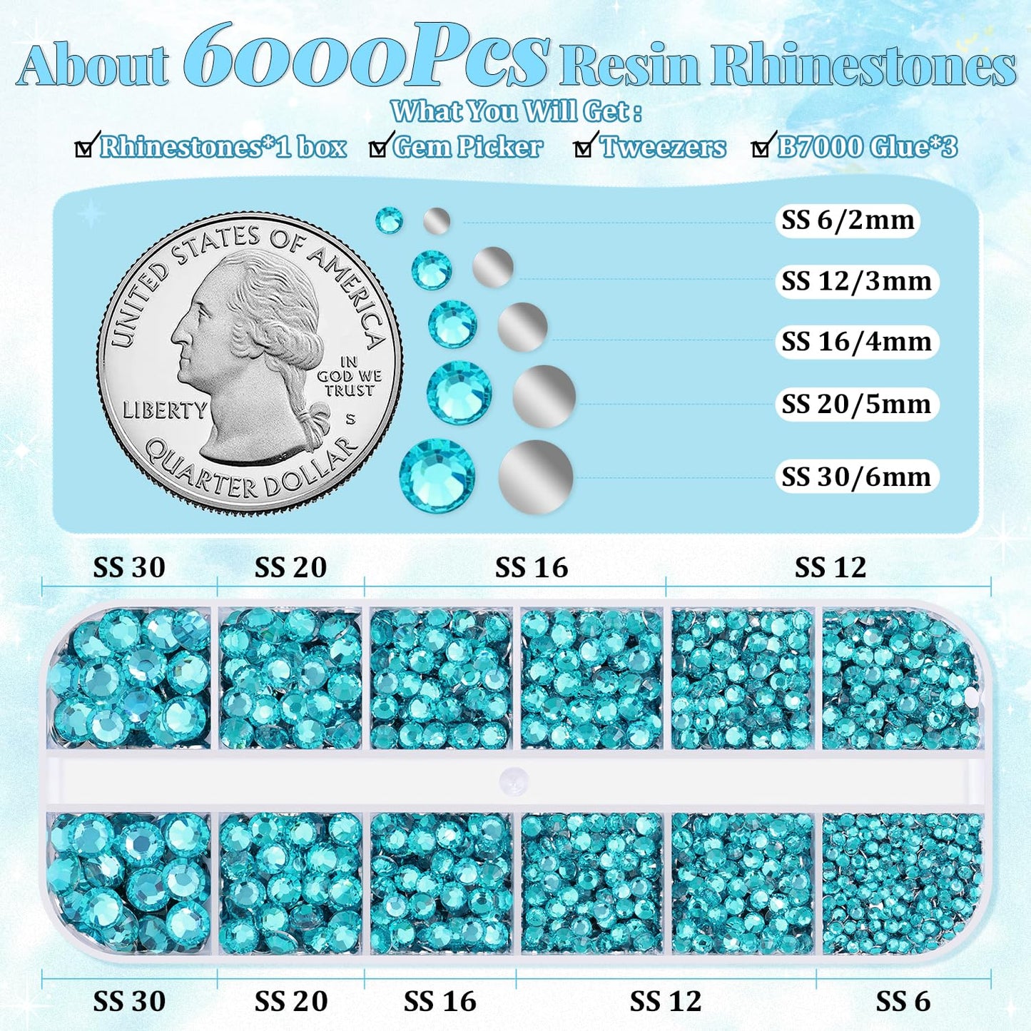 6000Pcs Resin Rhinestones for Bedazzling with 3Pcs B7000 Jewelry Glue, 1 Box Teal Blue Flatback Rhinestones for Crafting Crafts DIY, Crystals Gems for Clothing Shoes Tumblers Nail Art Makeup-Velvo Beauty