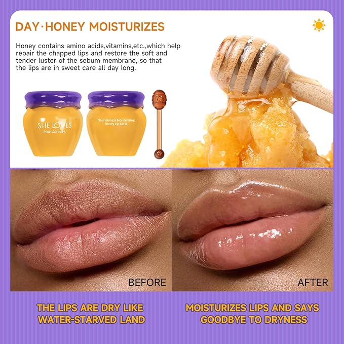 Honey Lip Mask with Stick, Day & Night Repair Deep Moisture and Fade Lip Lines, Vitamin E & Beeswax Essence Natural Lip Enhancer Care Sleeping Lip Mask (Honey for Day Use)-Velvo Beauty