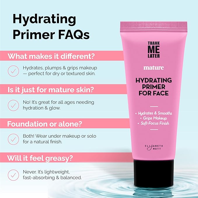 Elizabeth Mott Thank Me Later Hydrating Primer for Mature Skin – Lightweight, Gripping Face Primer for Dry, Sensitive, or Aging Skin – Smooths Texture & Hydrates with Hyaluronic Acid & Peptides, 30g-Velvo Beauty