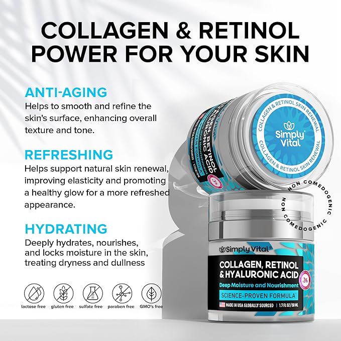 SimplyVital Collagen, Retinol & Hyaluronic Acid Cream - Anti-Aging Face Moisturizer for Face, Firming Skin Care Neck & Décolleté - Made in USA, Daily Moisturizer Face Cream Day & Night - 1.7 fl.oz.-Velvo Beauty