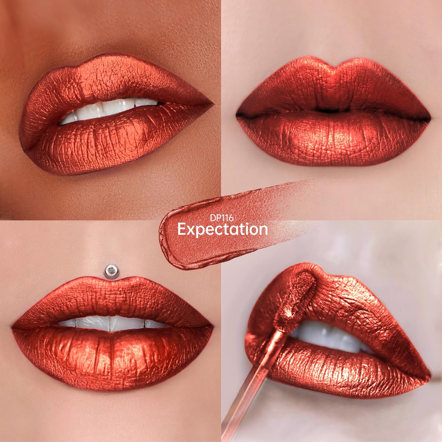 Red Lipsticks for Women Metallic Lipstick Long Lasting Non Stick Cup Lip Gloss, Shimmer Lightweight Hydrating Full Coverage Lip Color, DP116 Expectation-Velvo Beauty