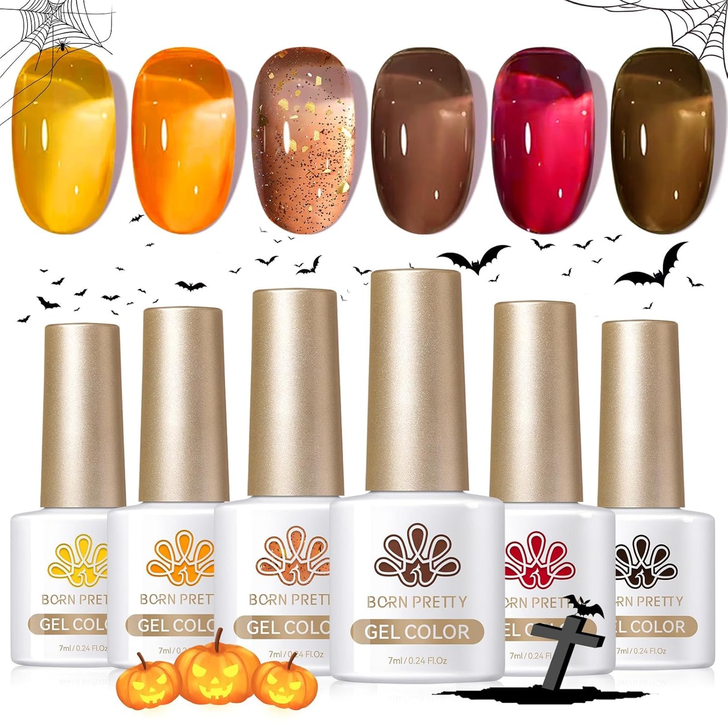 Born Pretty Jelly Gel Nail Polish 6 Colors Fall Winter Translucent Clear Pumpkin Burgundy Wine Red Coral Burnt Orange Grey Amber Brown Gel Polish Sheer Crystal Transparent Halloween Gel Polish Set-Velvo Beauty