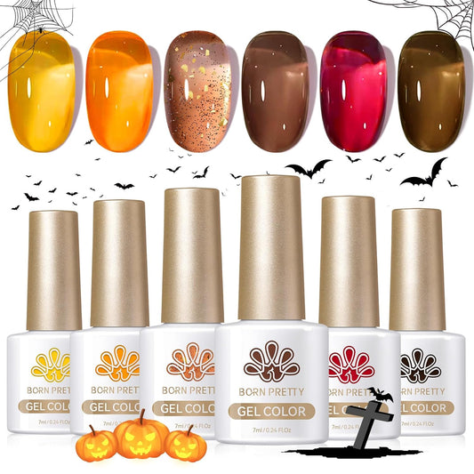 Born Pretty Jelly Gel Nail Polish 6 Colors Fall Winter Translucent Clear Pumpkin Burgundy Wine Red Coral Burnt Orange Grey Amber Brown Gel Polish Sheer Crystal Transparent Halloween Gel Polish Set-Velvo Beauty
