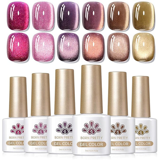 Born Pretty Cat Magnetic Eye Gel Nail Polish, Fall Winter Jelly Glass Magnetic Gel Polish, Purple Brown Pink Nude Glitter Soak Off Nail Art Salon Manicure Home Gift 7ml 6pcs-Velvo Beauty