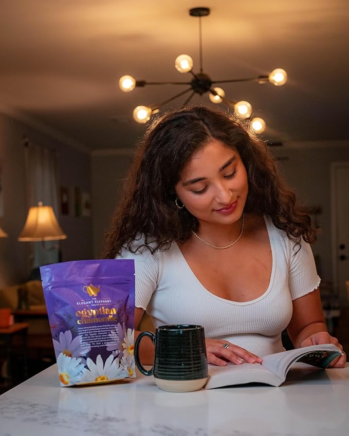Egyptian Chamomile Tea, Organic Loose Leaf Herbal Tea – Cozy, Calming – Supports Stress Relief, Relaxation & Sleep – 4 oz Resealable Bag (Makes 50 Cups) – The Elegant Elephant-Velvo Beauty