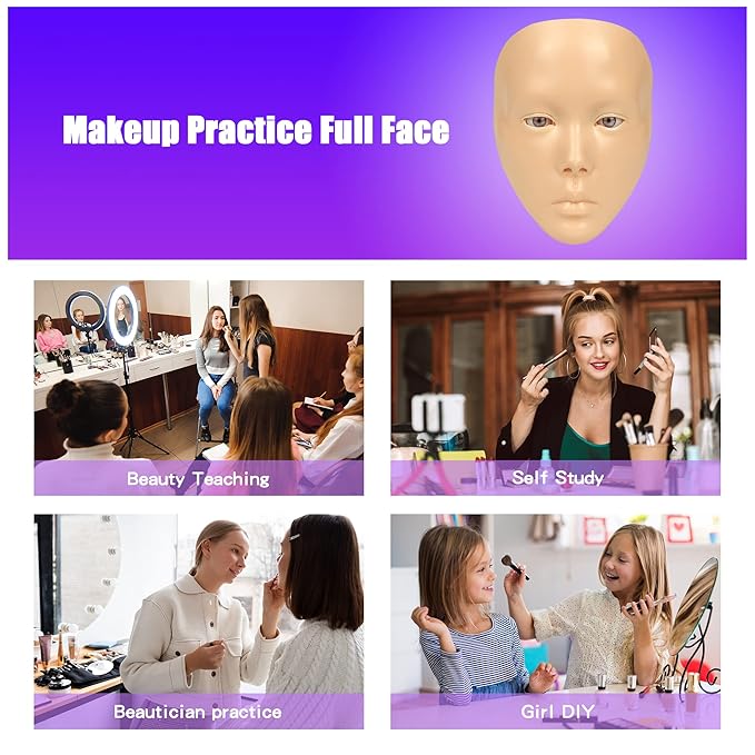 Makeup Practice Mannequin Face, 5d Reusable Silicone Makeup Practice Board Full Face with Makeup Brushes Sponge Set and Eyeshadow Board Makeup Kit for Makeup Artist, Girl's Gift Or Professionals-Velvo Beauty