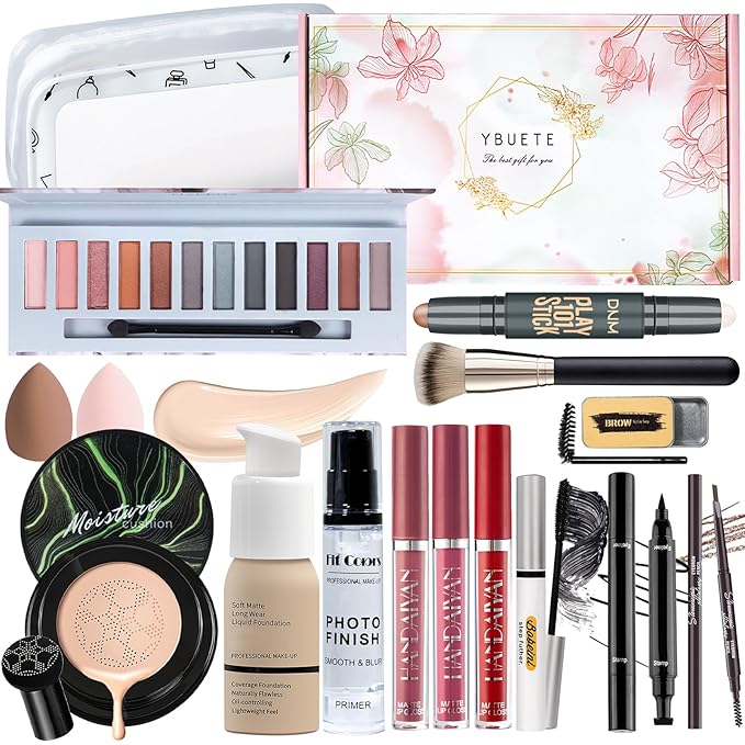 Makeup Kit Set for Women, Makeup Present for Women Teen Girl, Eyeshadow Foundation CC Cream Face Primer, Makeup Brush Sponge, Lipstick, Eyebrow Soap Pencil Mascara Eyeliner Cosmetic bag-Velvo Beauty