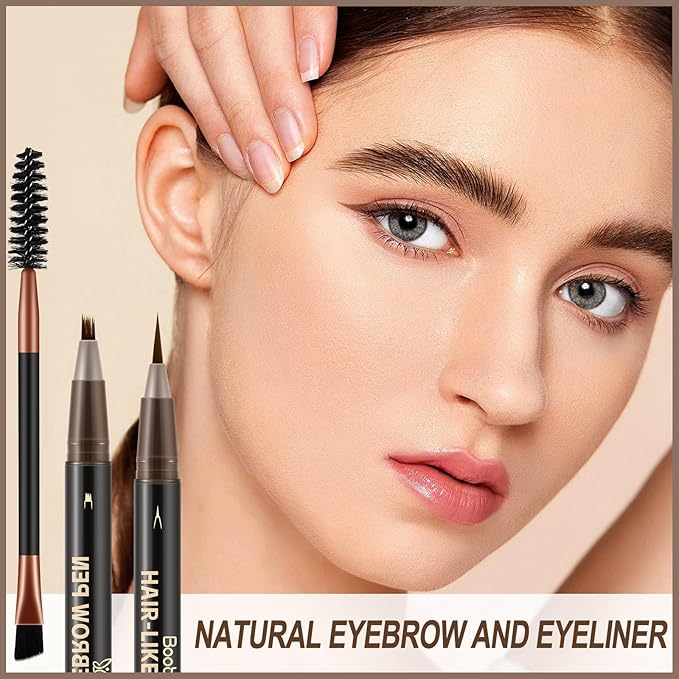 Boobeen 2pcs Waterproof Eyebrow Pen，Dual-Ended Eyeliner Microblading Eyebrow Pencil for Women，Long Lasting Hair-Like Brow Pen with Brow Brush，Dark Brown-Velvo Beauty