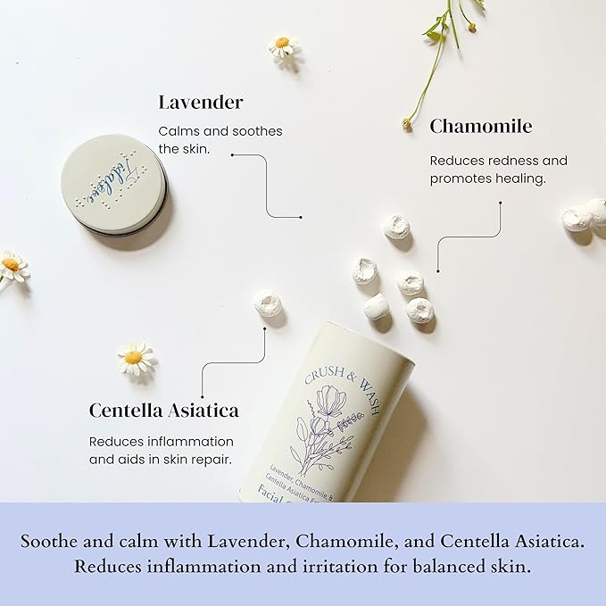 3-in-1 Solid Facial Cleanser, Exfoliator, and Wash-off Mask - Vegan, Cruelty-Free, Plastic-Free, Travel-Friendly, 1 Month Supply (60 Crushable Tablets) in Tin (Calming Beans in Tin)-Velvo Beauty