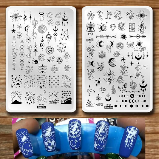 Starry Star Moon Design Stamping Plates Nail Art Kit 2pcs Galaxy Night Sky Large Nail Stamp Plates Templates Space Planet Nail Stamper Plate Heart Sun Geometry Printing Stencils Reusable Tools-Velvo Beauty