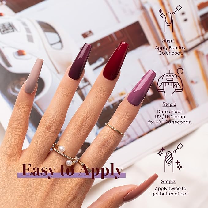 Beetles Purple Gel Nail Polish Set, Fall Burgundy Red Dark Purple Rose Petals Color Soak Off UV Light Cure Gel Polish Nail Art Design Gifts for Women-Velvo Beauty