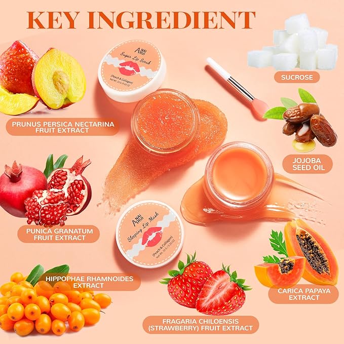ANAI RUI Lip Balm Mask & Lip Scrub Set, Lip Care Kit, Overnight Lip Treatment with Lip Sleeping Mask & Sugar Lip Exfoliator Scrub, Lip Moisturizer for Dry, Chapped, Dark Lips, Reduce Fine Lines, Peach-Velvo Beauty