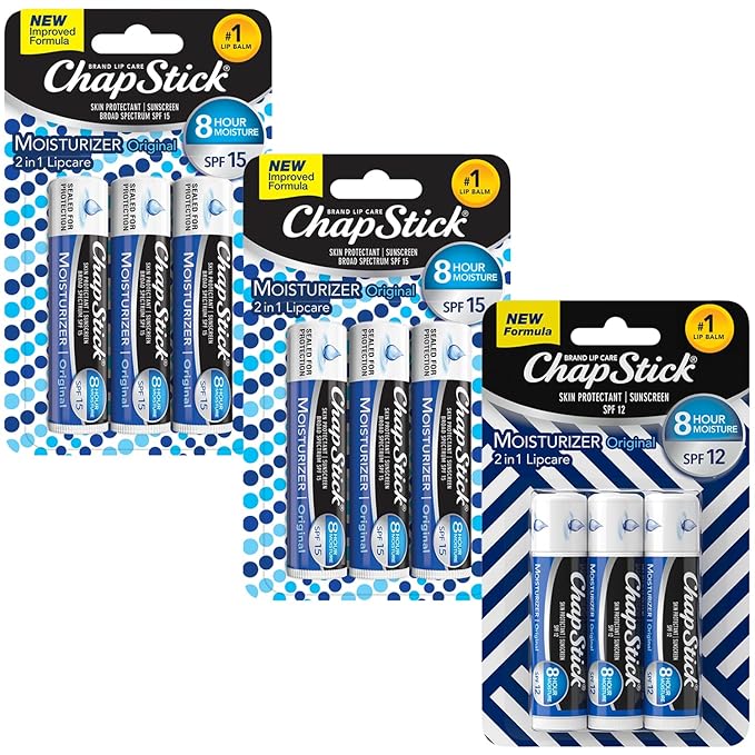 ChapStick Moisturizer 2-in-1 Lipcare 9-Pack (3 SPF 12, 6 SPF 15) – Original Lip Balm with Broad Spectrum SPF, Aloe & Vitamin E, 0.15 Ea-Velvo Beauty
